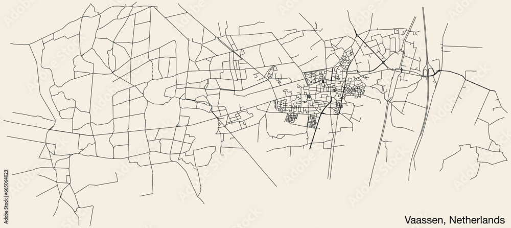 Detailed hand-drawn navigational urban street roads map of the Dutch city of VAASSEN, NETHERLANDS with solid road lines and name tag on vintage background