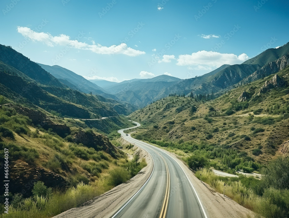 Aerial view of an empty  road through the mountains