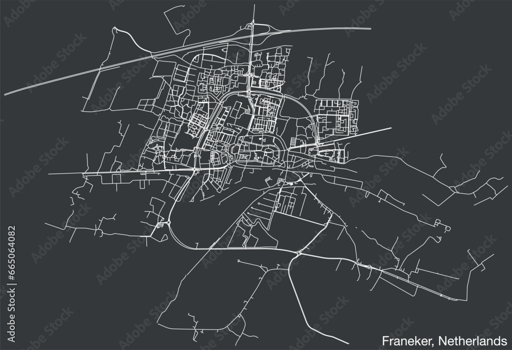 Detailed hand-drawn navigational urban street roads map of the Dutch city of FRANEKER, NETHERLANDS with solid road lines and name tag on vintage background