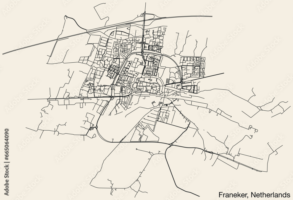 Detailed hand-drawn navigational urban street roads map of the Dutch city of FRANEKER, NETHERLANDS with solid road lines and name tag on vintage background