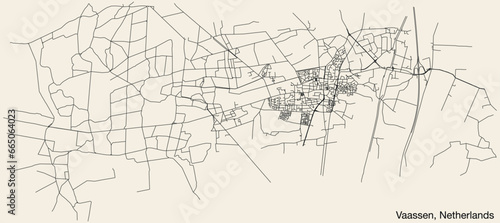 Detailed hand-drawn navigational urban street roads map of the Dutch city of VAASSEN, NETHERLANDS with solid road lines and name tag on vintage background