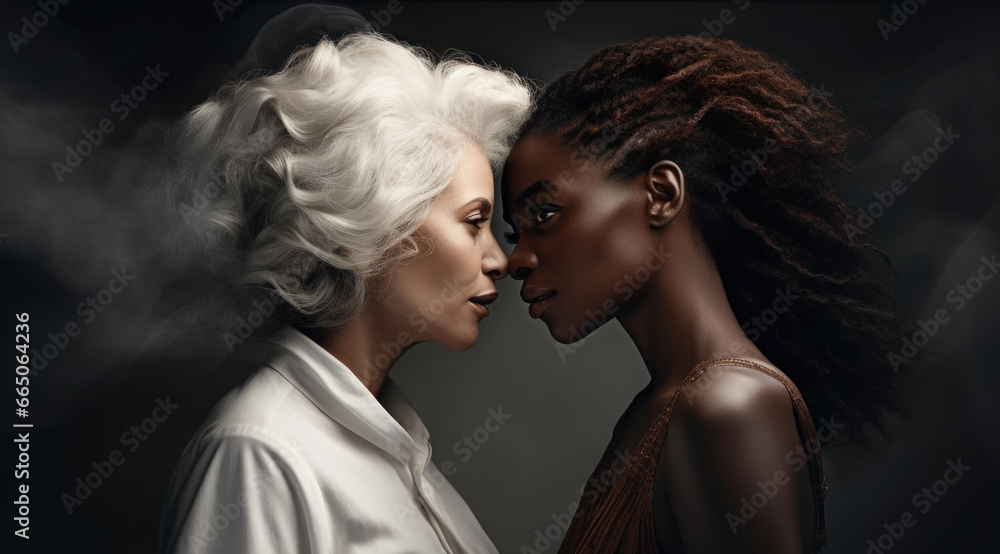 Portrait of two mature woman with beautiful skin, moxed race, African American and Caucasian women 