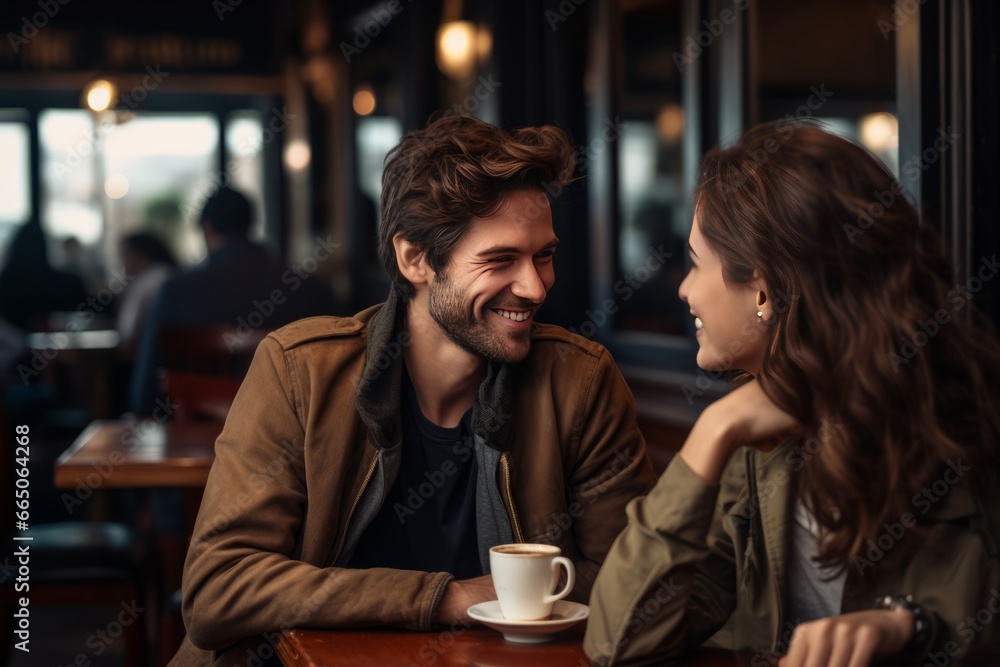 Date in a cafe. Young man and woman in a restaraunt. AI generative Date in a cafe. Young man and woman in a restaraunt. AI generative