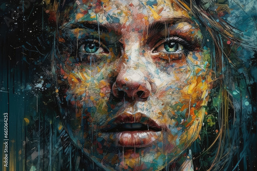 The face of a beautiful woman painted with flowing colors, capturing the essence of fluidity, expression, and artistic beauty.. Generative Ai, Ai.