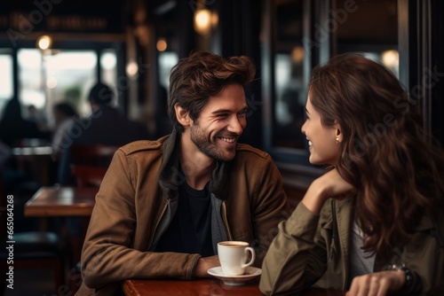 Date in a cafe. Young man and woman in a restaraunt. AI generative