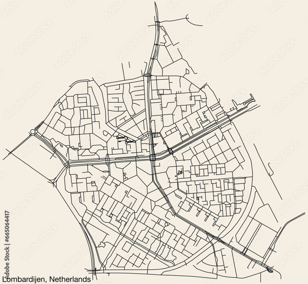 Detailed hand-drawn navigational urban street roads map of the Dutch city of LOMBARDIJEN, NETHERLANDS with solid road lines and name tag on vintage background
