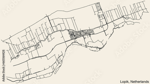 Detailed hand-drawn navigational urban street roads map of the Dutch city of LOPIK, NETHERLANDS with solid road lines and name tag on vintage background