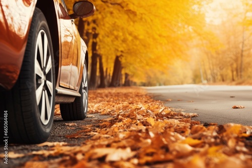 Car on asphalt road on an autumn day at the park. © MdBillal