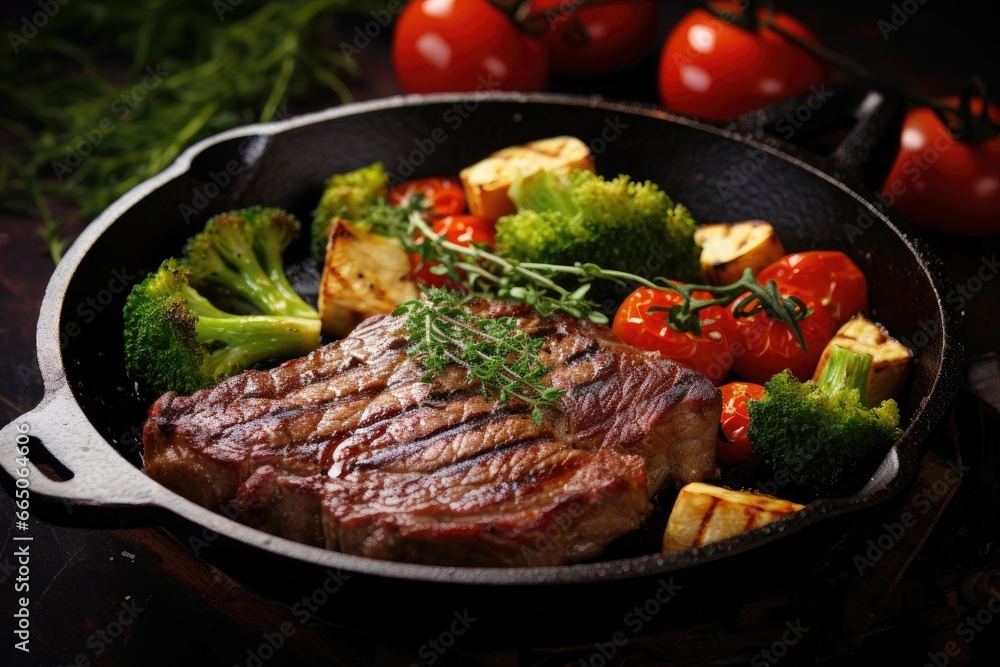 Deliciously cooked steak with a side of fresh vegetables served on a rustic table