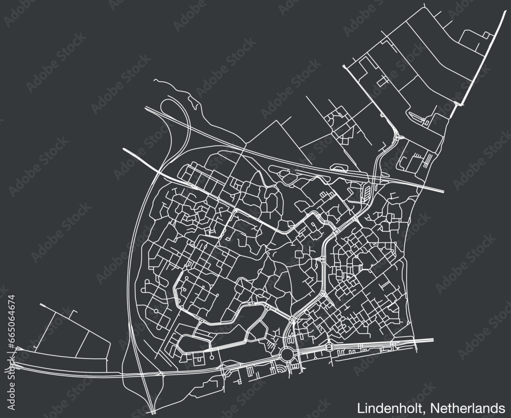 Detailed hand-drawn navigational urban street roads map of the Dutch city of LINDENHOLT, NETHERLANDS with solid road lines and name tag on vintage background