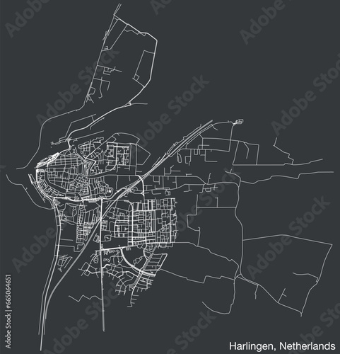 Detailed hand-drawn navigational urban street roads map of the Dutch city of HARLINGEN, NETHERLANDS with solid road lines and name tag on vintage background