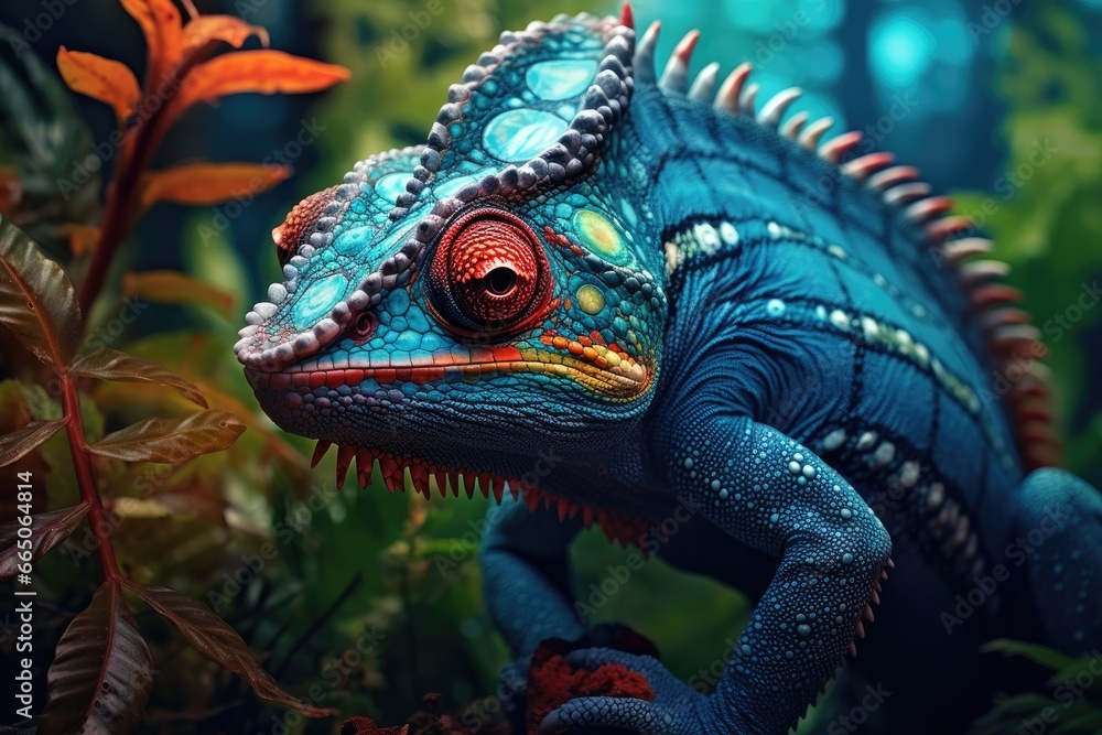 Obraz premium A vibrant close-up of a colorful chameleon