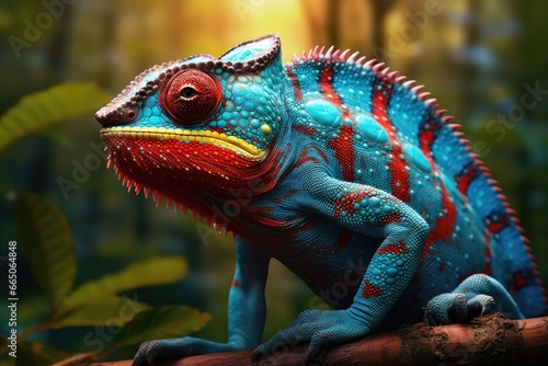 A colorful reptile perched on a tree branch