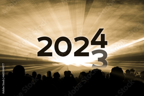 Turn of the year 2023 2024 yellow laser show party. Luxury entertainment with people crowd audience silhouettes at new year celebration. Premium nightlife event at holidays season time