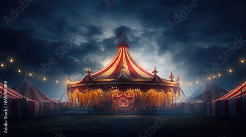 Circus tent with illuminations lights at night. Cirque facade. Festive attraction