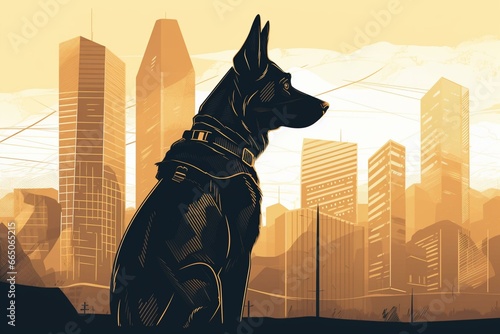 Design of a brave police dog standing confidently in front of a city. Generative AI photo