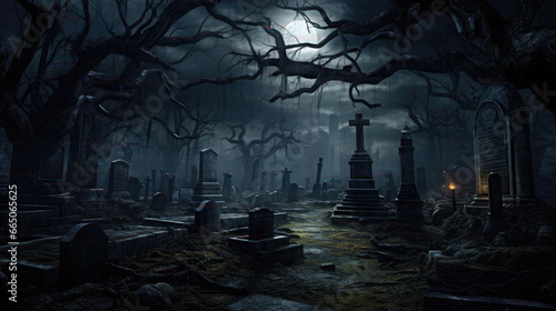 dark scary cemetery at night. Halloween background concept.