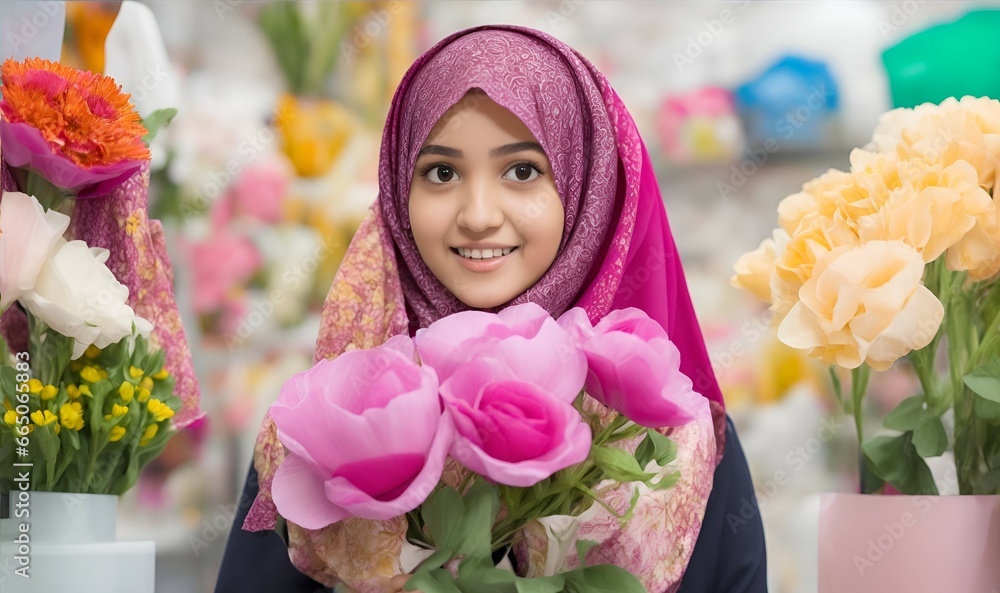 Obraz premium a girl with hijab in flower shop with pink scarf