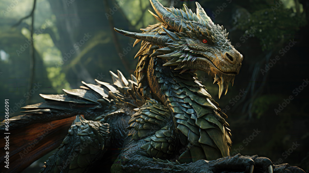 Forest dragon with wings sitting on stone in green woods. Forest dragon with wings sitting on stone in green woods.