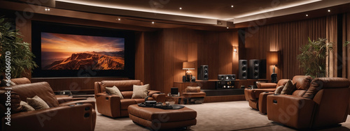 Smart home cinema with a projector screen, plush recliners, and surround sound.