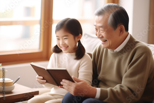 asian girl reading an article with her grandfather Generative Ai