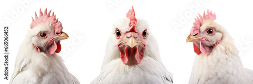Collection of portrait of a funny white chickens, closeup, isolated on white background