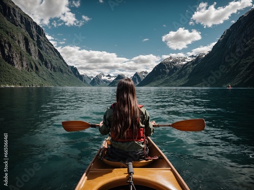 A girl in a canoe floating on the water among the fjords © Meeza