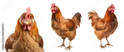 Collection of full body of brown chickens standing isolated white background