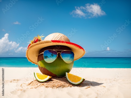 Coconut with sunglasses and Strawhat at tropical beach