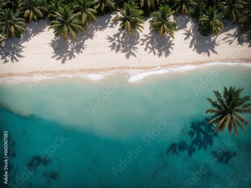 Beach with palm trees on the shore, top view © Meeza
