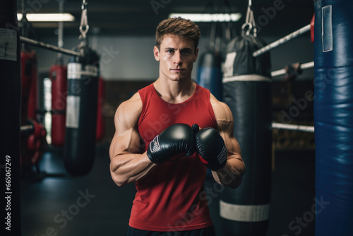 A male athlete wearing boxing gloves and a red tank top