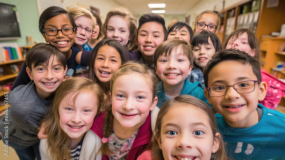 Class selfie in an elementary school. Kids taking a picture together in a co-ed school