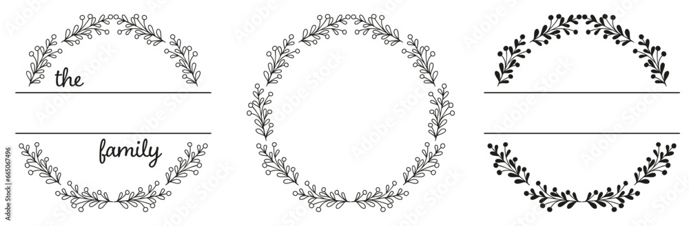 Leaves split monogram. Set of family monogram frame. Space for surname. Vector illustration of wildflower wreath Leaves split monogram. Set of family monogram frame. Space for surname. Vector illustration of wildflower wreath