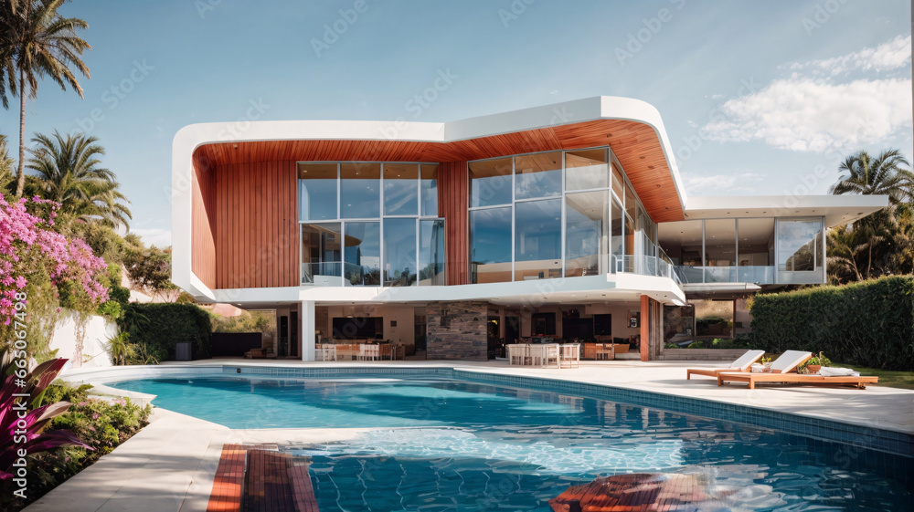 3d rendering of modern cozy house with pool and parking for sale or rent. Clear sunny summer day with blue sky.