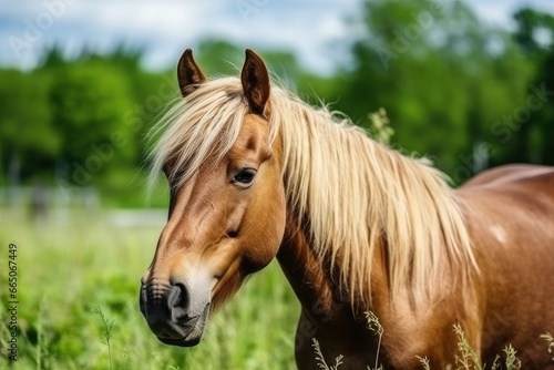 Brown horse with blond hair eats grass on a green meadow detail from the head. © Moinul