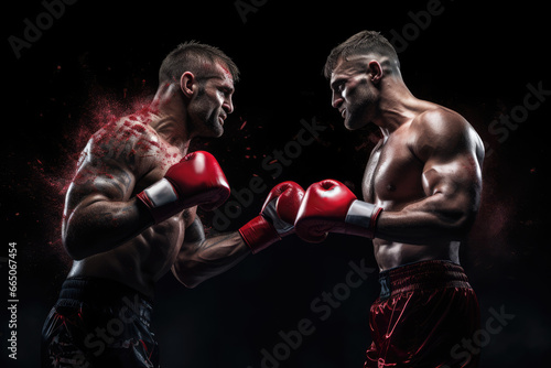 Two fighters wearing red boxing gloves in a dramatic black setting