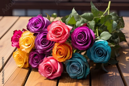 Bunch of multi colored roses on wooden planks  happy birthday lying on planks.