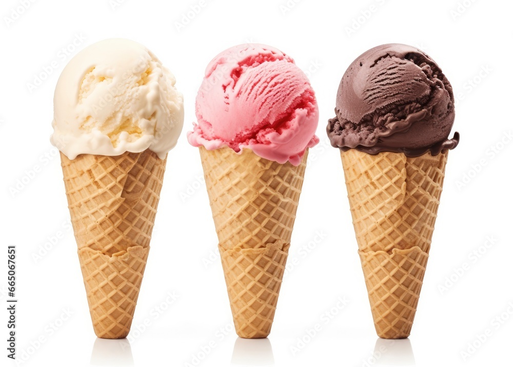 Chocolate, vanilla and strawberry Ice cream in the cone on white background. Chocolate, vanilla and strawberry Ice cream in the cone on white background.