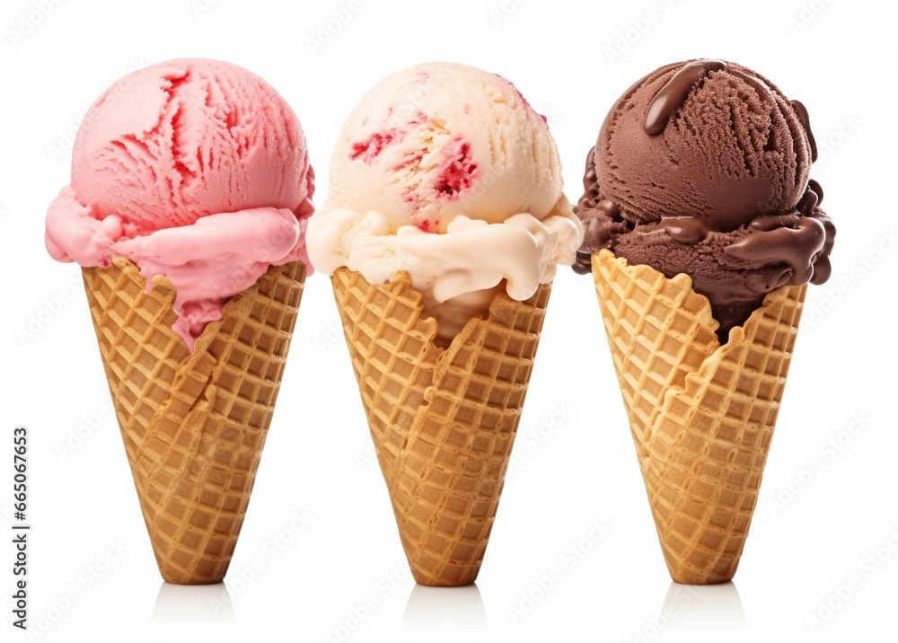 Chocolate, vanilla and strawberry Ice cream in the cone on white background. Chocolate, vanilla and strawberry Ice cream in the cone on white background.