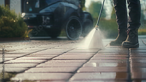 man is cleaning Driveway Using Clean Dirty Powerful photo