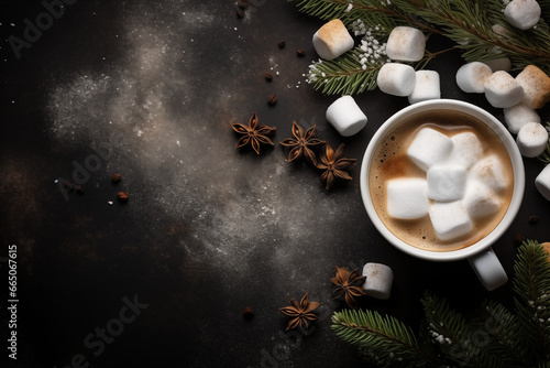Marshmallows and winter decorations on a black marble kitchen countertop. Seasonal mood.