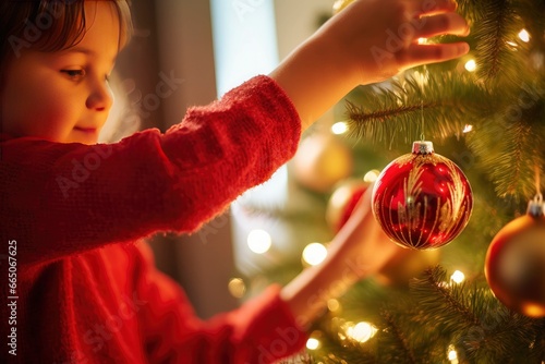 Child Decorating Christmas Tree Closeup.