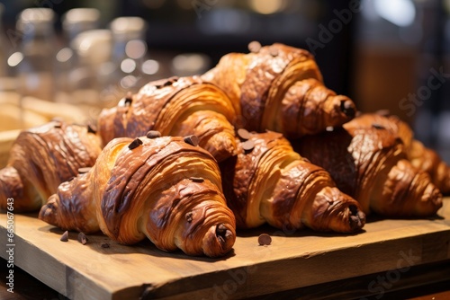 Chocolate croissants in bakery.