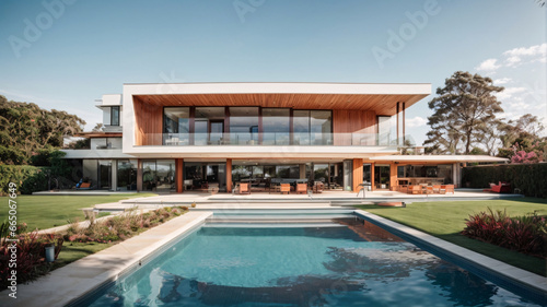 3d rendering of modern cozy house with pool and parking for sale or rent. Clear sunny summer day with blue sky. © Svitlana