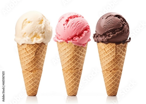 Chocolate, vanilla and strawberry Ice cream in the cone on white background.