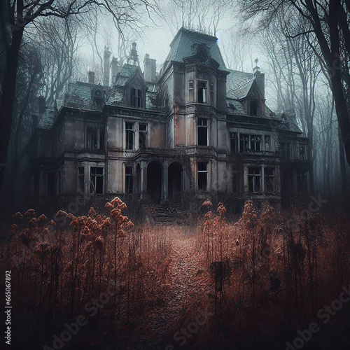 Mansión encantada, casa encantada en medio de un bosque oscuro, casa terrorífica, mansión abandonada, historias de terror photo
