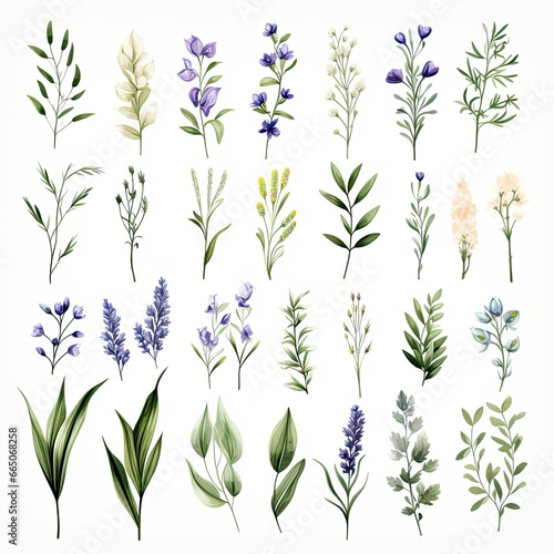 Collection of watercolor herbs clipart on white background.