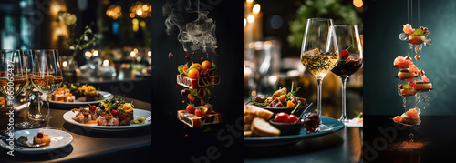 Collage o diseño de restaurante lujoso y comida de vanguardia y gourmet.Mesa elegante y lujosa para cenar en un restaurante photo