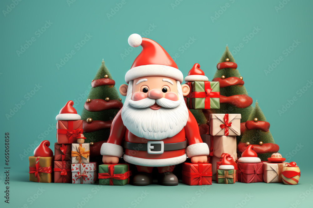 SANTA CLAUS WITH GIFTS ON GREEN BACKGROUND. SANTA CLAUS WITH GIFTS ON GREEN BACKGROUND.