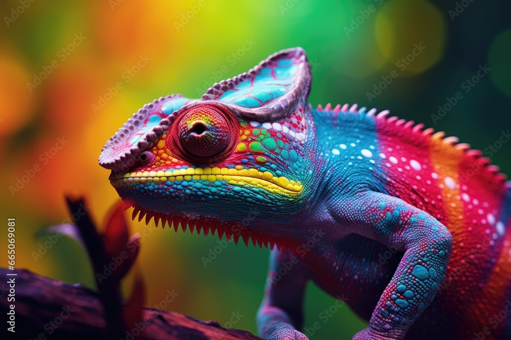 Fototapeta premium A vibrant chameleon perched on a branch in a lush green environment
